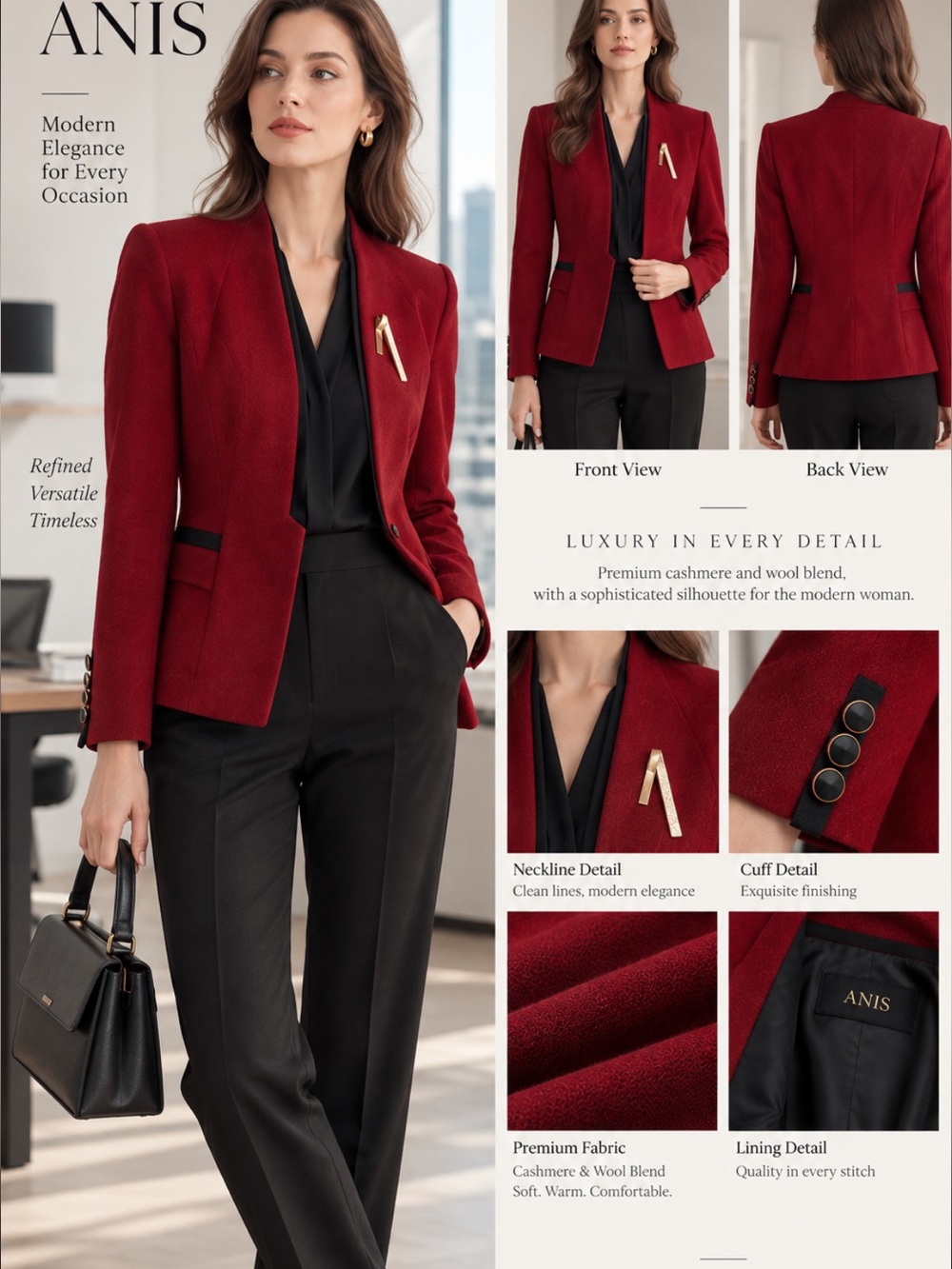 ANIS Women's Burgundy Tailored Blazer Jacket wool and cashmere blended 160/84A